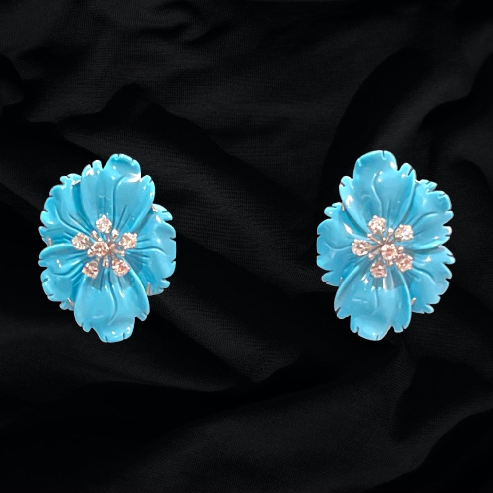 Cathy Waterman Turquoise Enamel & Diamond Flower Earrings